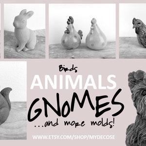 Puede incluir: Imagen en blanco y negro con figuras de animales de hormig&oacute;n, incluyendo una rana, un conejo, gallinas, una ardilla, una gallina y un perro. El texto incluye "Birds, Animals, Gnomes...and more molds!" y "We are made of concrete..."