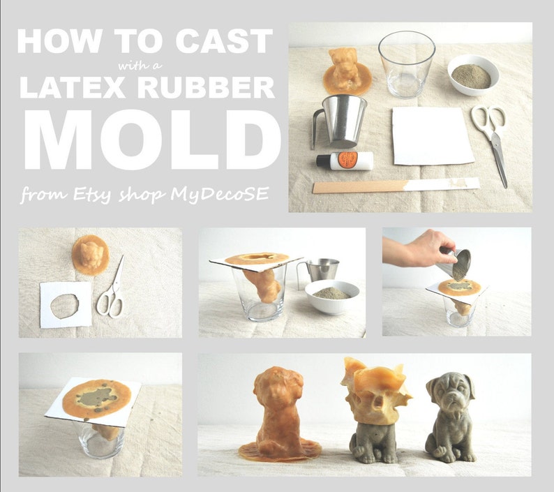 以下が含まれることがあります： HOW TO CAST with a LATEX RUBBER MOLD from Etsy shop MyDecoSEというタイトルのマルチパネル説明ガイド。金属製のピッチャー、グラス、粉末の入ったボウル、ハサミ、犬のフィギュアを作るためのラテックス型などの道具が示されています。