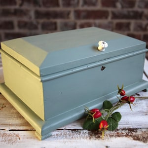 Op de afbeelding: Een rechthoekige, lichtblauwe houten kist met een witte bloemenknop. De kist heeft een lichtgele basis en staat op een bijpassende standaard. Een takje met rode bessen en groene bladeren ligt op het oppervlak.