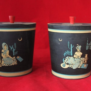 2 old tin cans with wooden knobs Vox coffee