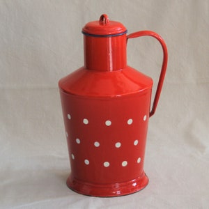 large vintage enamel jug with lid polka dots