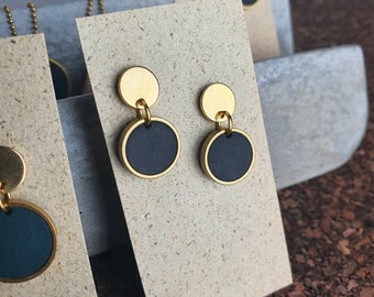 Earrings // Round black drop earrings, simple matte finish // Disc earrings // Hypoallergenic // Stainless steel, 24k gold