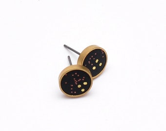 ear studs round black dots red-gold