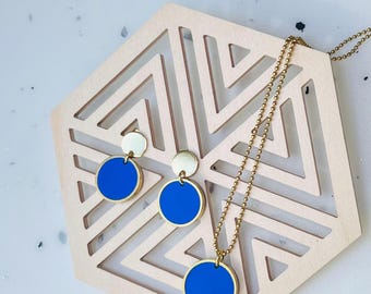 Pendientes colgantes // collar // redondos azul índigo mate simple // disco // largo // hipoalergénico