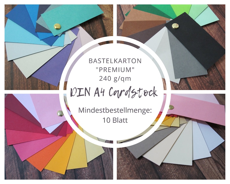 Peut inclure: Un &eacute;ventail d'&eacute;chantillons de papier cartonn&eacute; de diff&eacute;rentes couleurs, dans des nuances de bleu, violet, rose, rouge, orange, jaune, vert, marron et gris. Le papier est &eacute;tiquet&eacute; "BASTELKARTON "PREMIUM" 240 g/qm DIN A4 Cardstock Mindestbestellmenge: 10 Blatt".