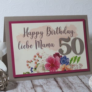 Geburtstagskarte Aquarell Blumen ~ mit Jahreszahl ~ Happy Birthday, Mama ~ taupe / brombeere