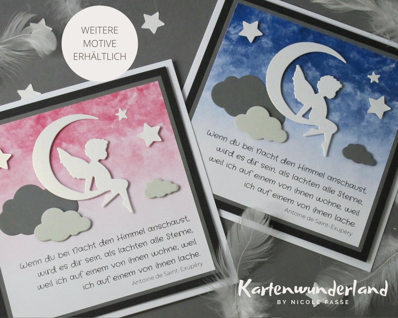 Sternenkind Trauerkarte für Baby oder Kind Handgemachte Trauerkarte Innentext optional rosa oder blauer Himmel Aquarell 761 b Bild 6