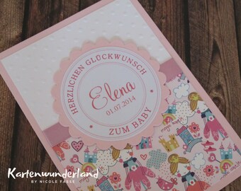 Karte zur Geburt | Prinzessin hellrosa | Handgemachte Babykarte | personalisierbar | Geldscheinfach und Innentext optional | Babykarte