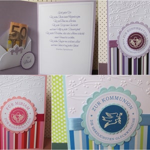 Karte zur Konfirmation / Kommunion | handgemacht & personalisierbar | Innentext + Geldscheinfach optional | 4 Farben + 3 Symbole zur Auswahl