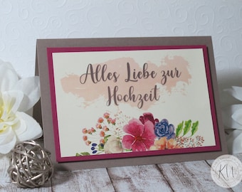 Karte zur Hochzeit | Handgemachte Karte | Innentext & Geldscheinfach optional | Hochzeit Geldgeschenk Aquarell | creme / brombeere | Blumen