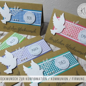 Karte zur Konfirmation, Kommunion, Firmung mit Taube | personalisiert & handgemacht | Innentext + Geldscheinfach optional | 5 Farben