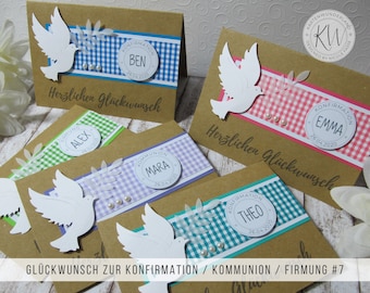 Carte de confirmation, communion, confirmation avec colombe | personnalisé & fait main | Texte intérieur + compartiment billets en option | 5 couleurs