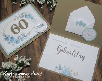 Personalisierte Geburtstagskarte I Aquarell Blumen taupe / hellblau I Watercolor Blumen hellblau