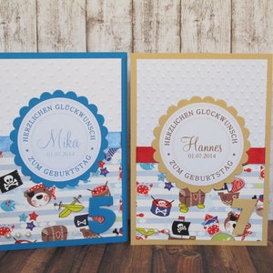 Kinder Geburtstagskarte Pirat | personalisierte & handgemachte Karte | Innentext u. Geldscheinfach optional