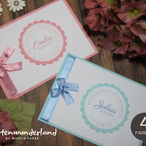 Karte zur Geburt | personalisiert & handgemacht | Geldscheinfach und Innentext optional | rosa, lila, blau, grün