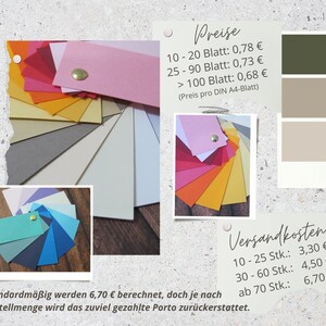 Peut inclure: Un nuancier de papier pr&eacute;sentant une vari&eacute;t&eacute; de couleurs, notamment le rouge, l'orange, le jaune, le vert, le bleu, le violet et le rose. Le nuancier est dispos&eacute; en cercle, les couleurs rayonnant du centre vers l'ext&eacute;rieur. Le nuancier est sur un fond blanc avec le texte "Preise" et "Versandkosten" en noir. Le texte indique les prix pour diff&eacute;rentes quantit&eacute;s de papier et les frais de port.