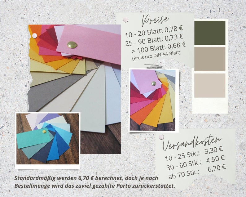 Peut inclure: Un nuancier de papier pr&eacute;sentant une vari&eacute;t&eacute; de couleurs, notamment le rouge, l'orange, le jaune, le vert, le bleu, le violet et le rose. Le nuancier est dispos&eacute; en cercle, les couleurs rayonnant du centre vers l'ext&eacute;rieur. Le nuancier est sur un fond blanc avec le texte "Preise" et "Versandkosten" en noir. Le texte indique les prix pour diff&eacute;rentes quantit&eacute;s de papier et les frais de port.