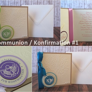 Karte zur Konfirmation / Kommunion / Firmung / Taufe | handgemacht | Innentext u. Geldscheinfach optional | 6 Farben + 3 Symbole zur Auswahl
