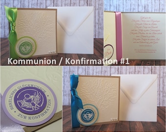 Karte zur Konfirmation / Kommunion / Firmung / Taufe | handgemacht | Innentext u. Geldscheinfach optional | 6 Farben + 3 Symbole zur Auswahl