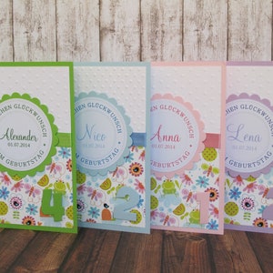 Kinder Geburtstagskarte Frosch | personalisierte & handgemachte Karte | Innentext u. Geldscheinfach optional