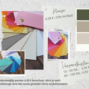 May include: A color chart of paper samples in various shades of pink, red, orange, yellow, beige, gray, blue, and green. The paper samples are arranged in a circle. The price of each sheet of paper is 0.38 Euros per DIN A4 sheet. Shipping costs are 3.30 Euros for 10-50 sheets and 4.50 Euros for 60-100 sheets. Standard shipping costs are 4.50 Euros, but any overpayment is refunded based on the order quantity.