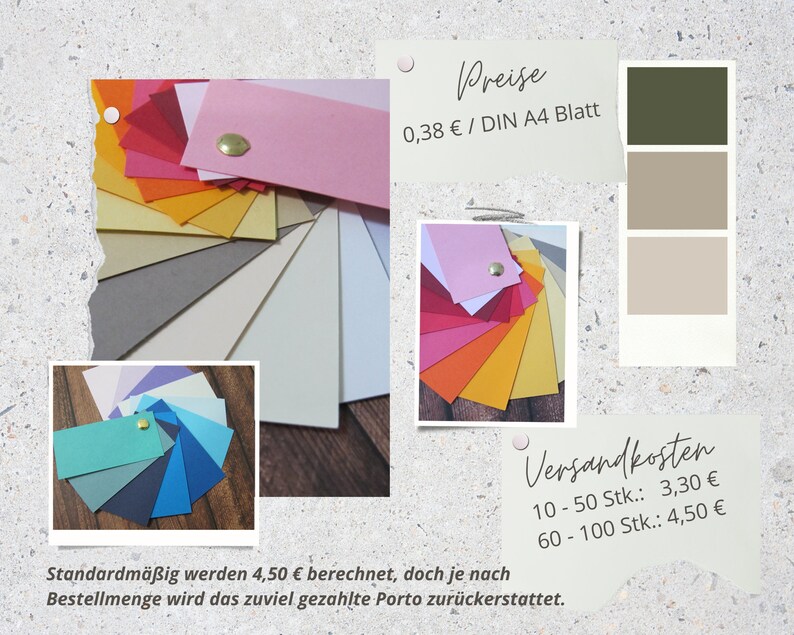 May include: A color chart of paper samples in various shades of pink, red, orange, yellow, beige, gray, blue, and green. The paper samples are arranged in a circle. The price of each sheet of paper is 0.38 Euros per DIN A4 sheet. Shipping costs are 3.30 Euros for 10-50 sheets and 4.50 Euros for 60-100 sheets. Standard shipping costs are 4.50 Euros, but any overpayment is refunded based on the order quantity.
