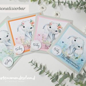 Karte zur Geburt | handgemachte Babykarte | personalisierbar | Innentext u. Geldfach optional | Aquarellkarte Baby Elefant