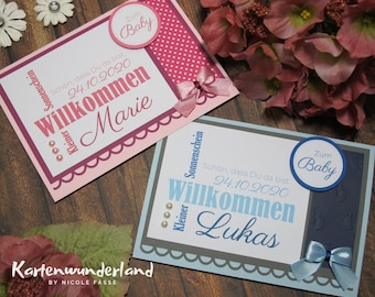 Karte zur Geburt | personalisiert | Handgemachte Babykarte |  Geldscheinfach & Innentext optional