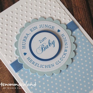 Karte zur Geburt | Punkte blau weiß | Handgemachte Babykarte |  personalisierbar | Innentext & Geldscheinfach optional | Geburt Geldgeschenk
