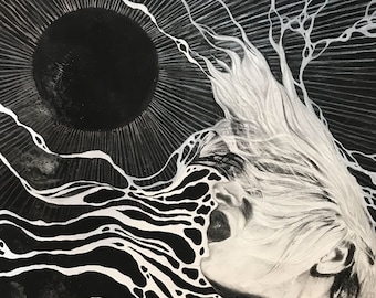 May include: Black and white artwork featuring a woman's profile with flowing white hair. A black sun-like shape is in the background, with white lines radiating outward. The artwork has a surreal, abstract style.