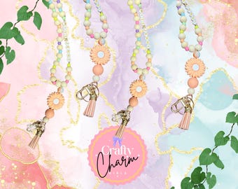 Personalized Flower Teacher Lanyard with Name Beads | Pastel wood Beaded Badge Holder with Breakaway Clasp Work ID Holder | Teacher Gift
