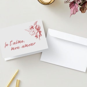 Je T'aime Mon Amour | Alles Gute zum Valentinstag | Valentinstagskarte | Romantische Karte | Blank druckbare Karte | Französische Karte | Amor Valentine