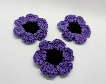 Set of 3 Handmade Purple Poppies, Animals Remembrance Day, Purple poppy crochet