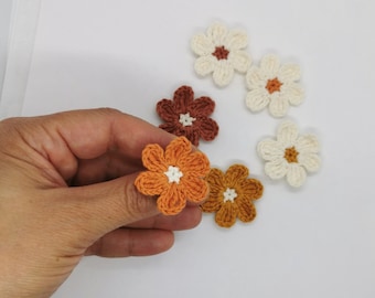 Handmade Crochet Flower Applique Set, Orange, Ivory Cotton Embellishments