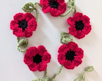 Hand Crochet Poppy Flower Garland; Campervan, Kitchen Wall Decorations; Handmade Poppies Bunting, Remembrance Day