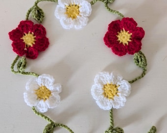 Handmade Crochet Flower Garland, White and Red Daisy Bunting, Home/Campervan Decorations