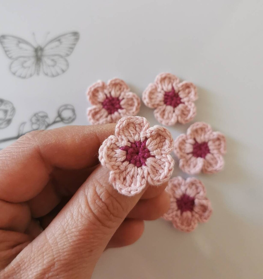Handmade Crochet Pink Flower Appliques, Cotton Embellishments (set of 3 ...