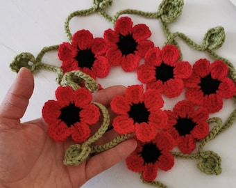 Hand Crochet Poppy Garland, Summer Home Decoration