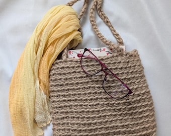 Crochet Jute Tote Bag, Handmade Hippie Purse