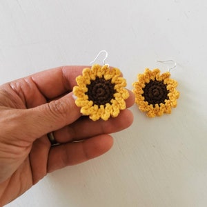 Hand Crochet Tiny Sunflower Earrings, Crochet Earrings Gift ideas, Handmade Party Earrings, Eco-friendly Earrings, Boho, Hippie Earrings