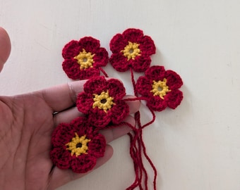 Crochet Red Flowers Applique, Set of 3, Handmade Embellishments