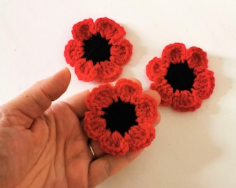 Crochet Poppy Flowers Applique, Set of 3, Handmade Embellishments