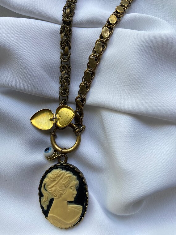 1960s Antique Brass Pocket Watch Chain With Cameo Loc… Gem
