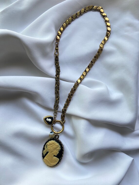 1960s Antique Brass Pocket Watch Chain With Cameo Loc… Gem