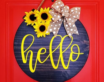 Sunflower Hello Door Hanger: Black Stained Wood, Polka Dot Bow