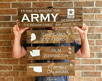 Home is where the Army sends us/ Military/ Army Pride/ Patriotic Wall Décor/ Military Retirement Gift/ Duty Station Sign/ Legacy sign/ Home