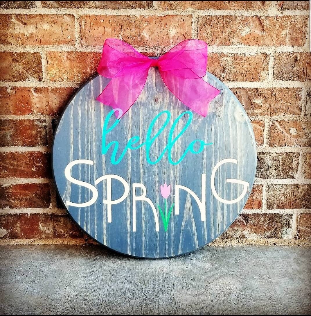 Hello Spring | Rustic Round Wooden Door Sign - Etsy