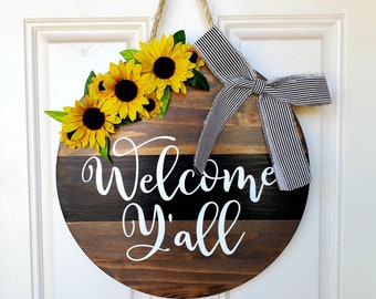 Welcome Y'all Sunflower Door Sign: Rustic Farmhouse Decor