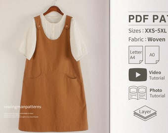 Easy Pattern | A Line Overall Jumper Dress PDF Sewing Pattern for Women | A-Line Dress with Straps, Pinafore | beginner sewing | XXS - 5XL