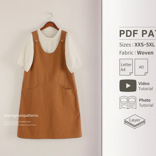 Modèle facile | Robe pull trapèze en PDF Patron de couture pour femme | Robe trapèze à bretelles, tablier | couture pour débutants | XXS - 5XL